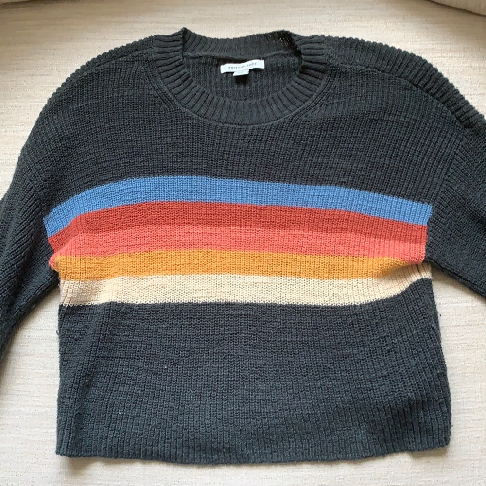 AE Striped Forrest Green Cropped Sweater